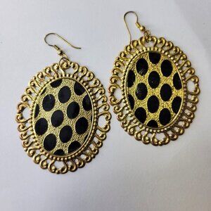 Gold and Black Oval Earrings Gold Filigree Oval Earrings Large Glitter Earrings
